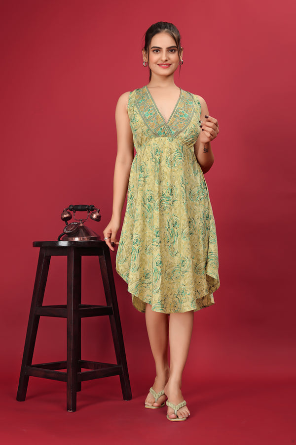Yellow Color Color Abstract Print Ruffled Short Dress - thevendorvilla