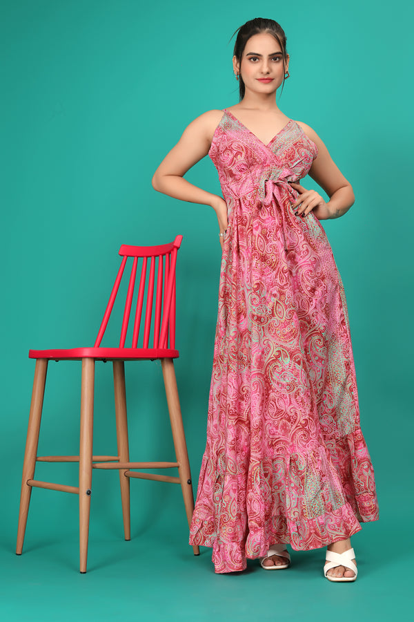 Pink Color Abstract Print Ruffled Long Dress - thevendorvilla