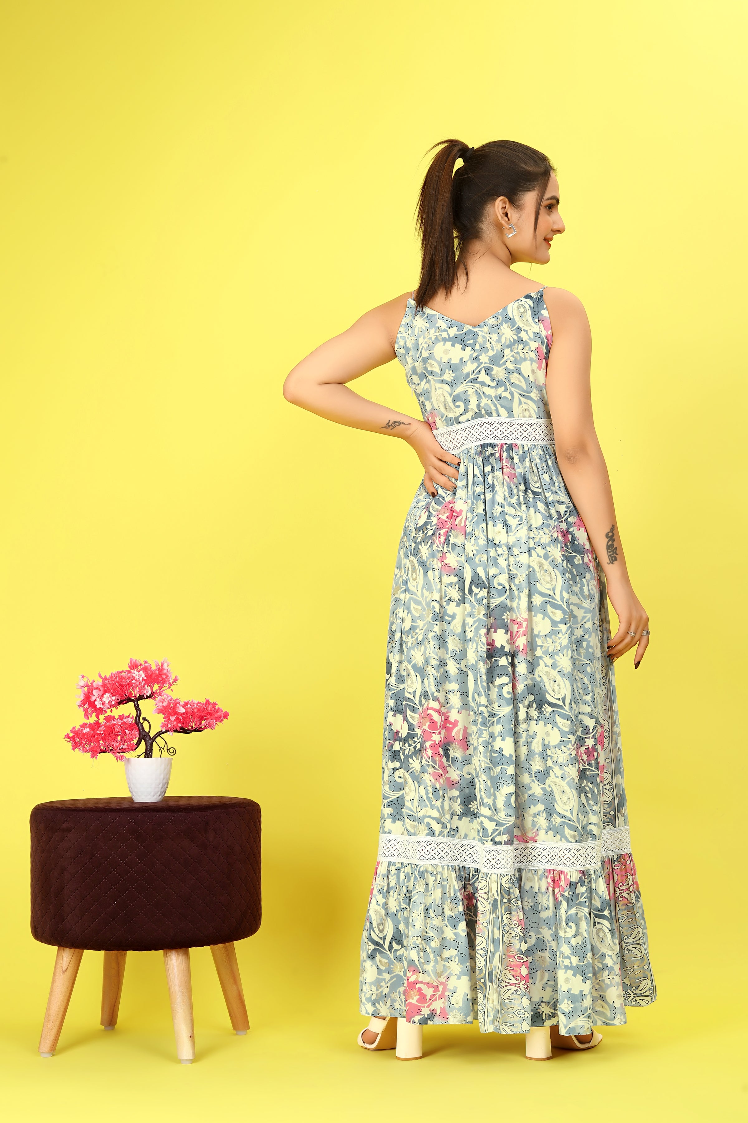 Multi Color Abstract Print Ruffled Long Dress - thevendorvilla