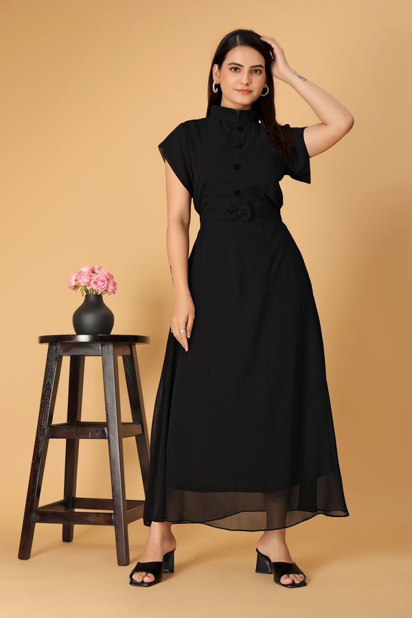 The Vendor Villa Printed Mandarin Collor Georgette Fancy Black Color Full Length Dress For Women - thevendorvilla