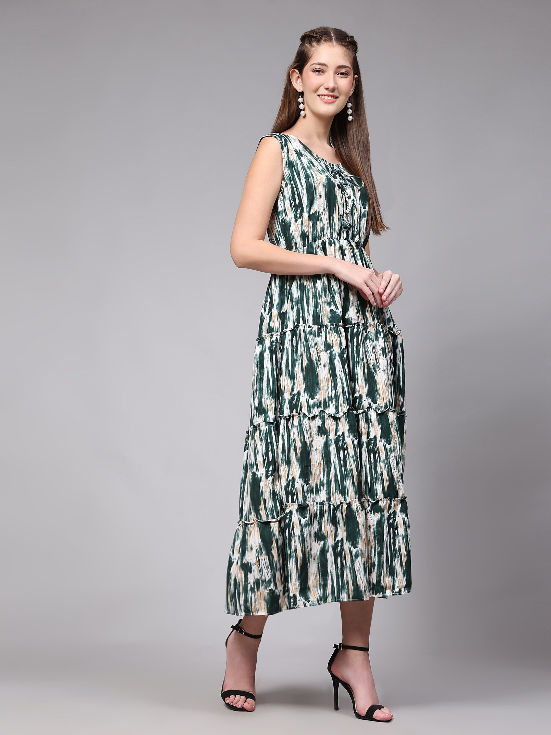 Tie Dyed Rayon Fancy Calf Length A-Line Sleeveless Dress For Women