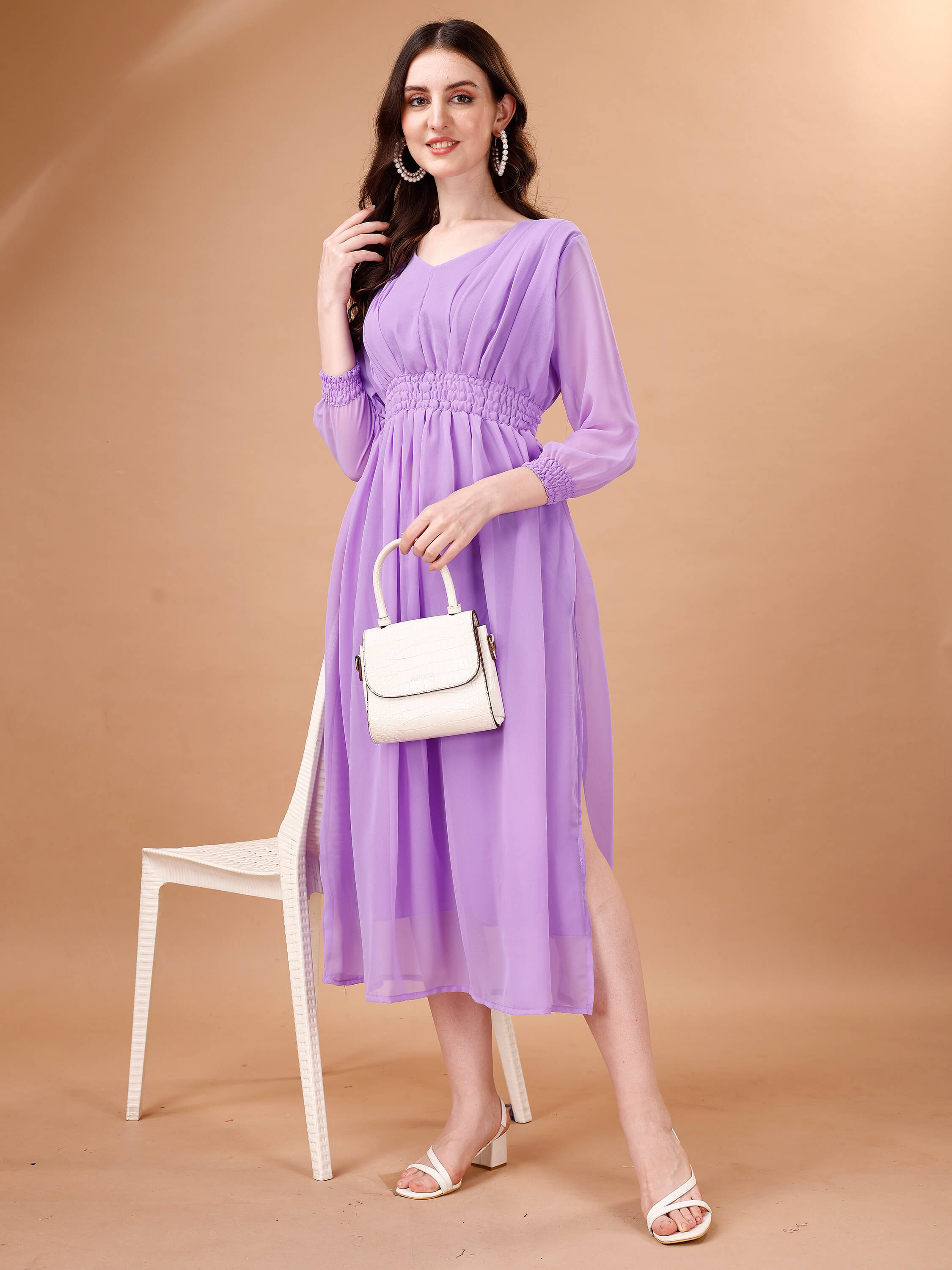 Chic Simplicity: Georgette Calf Length Dress with Elegant Side Slit - thevendorvilla