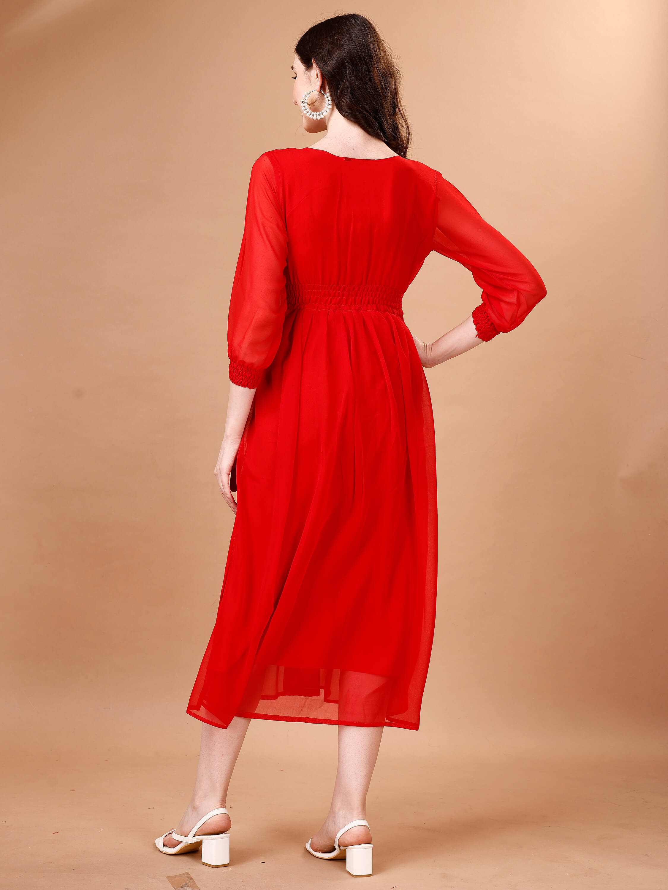 Chic Simplicity: Georgette Calf Length Dress with Elegant Side Slit - thevendorvilla