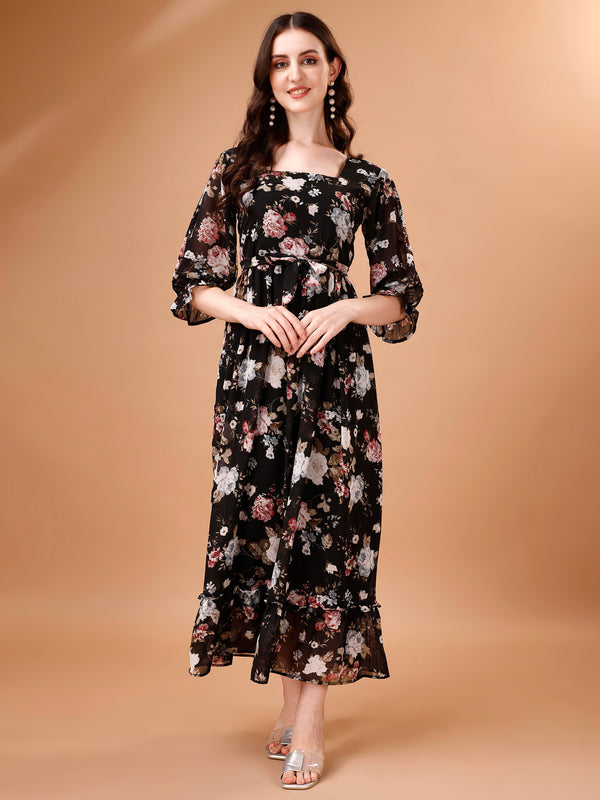 Georgette Floral Calf Length A-Line Dress For Women