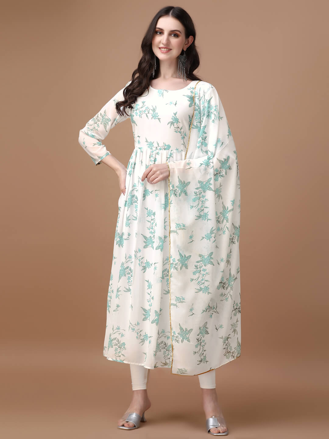 Printed Georgette Calf Length Floral Summer Dress With Dupatta - thevendorvilla