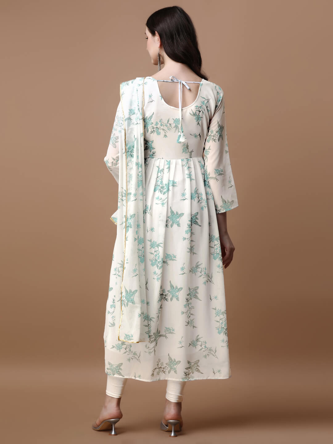 Printed Georgette Calf Length Floral Summer Dress With Dupatta - thevendorvilla