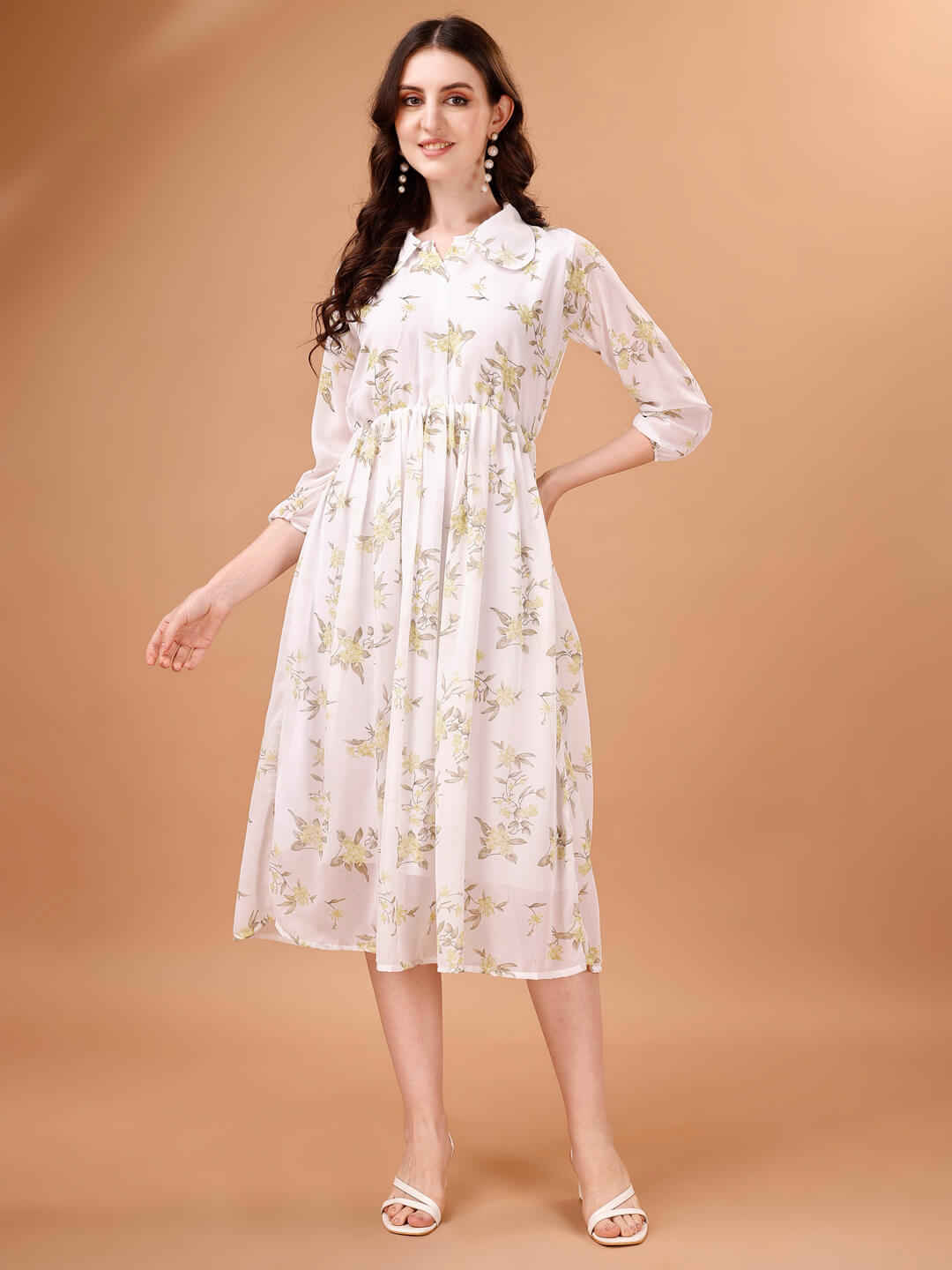 Printed Georgette Calf Length Floral Summer Dress - thevendorvilla