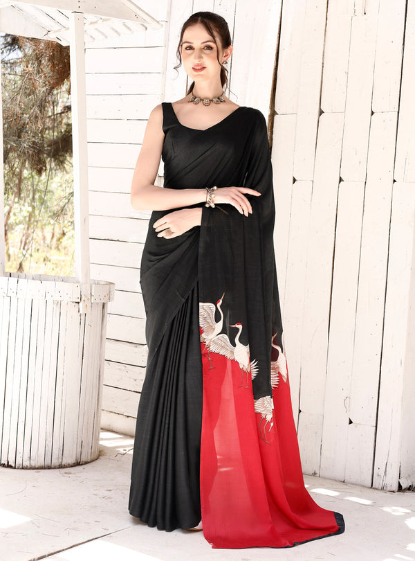 Black And Red Printed Silk Saree