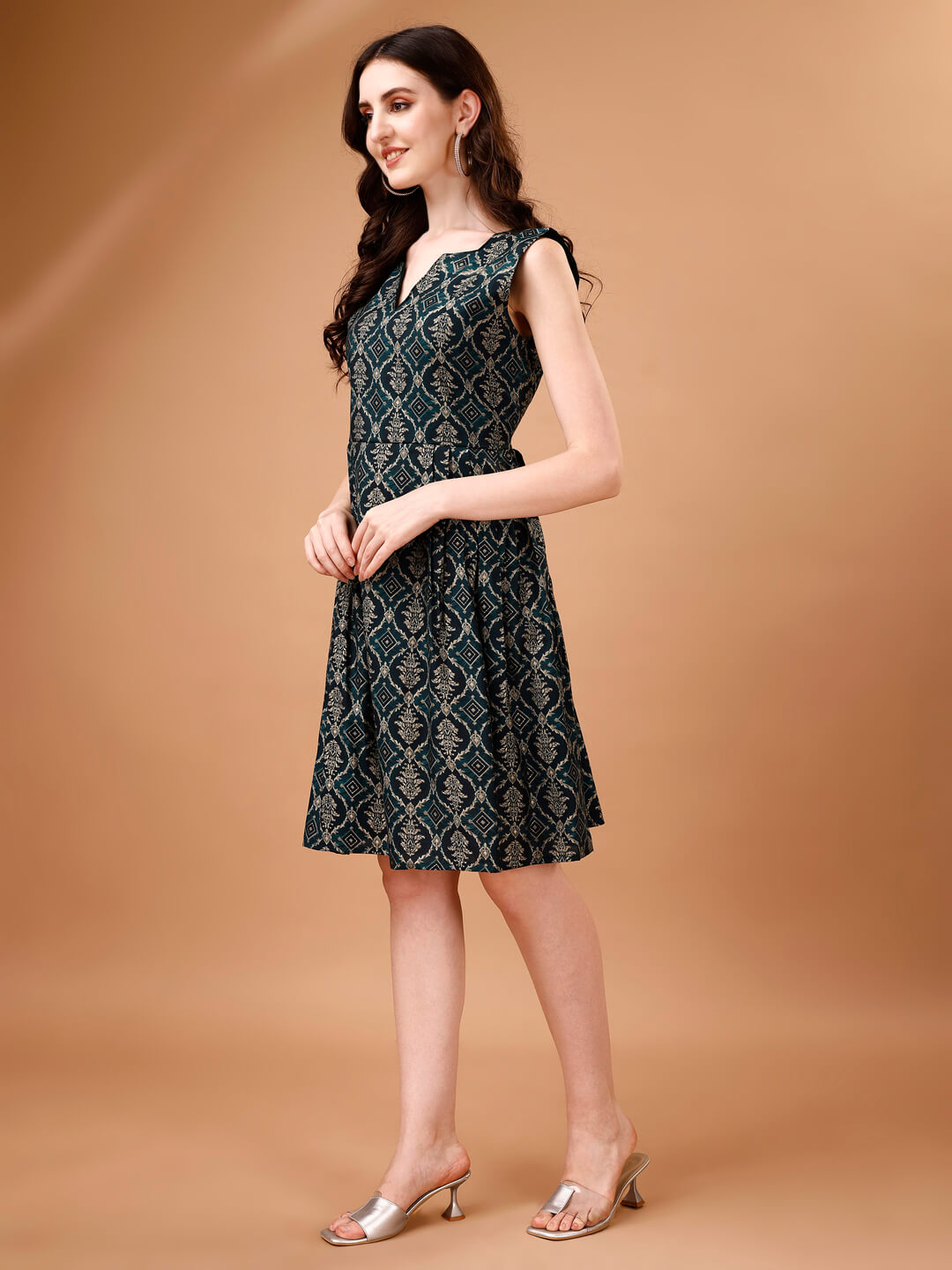 Foil Printed Chanderi Knee Length Sleeveless Summer Dress - thevendorvilla