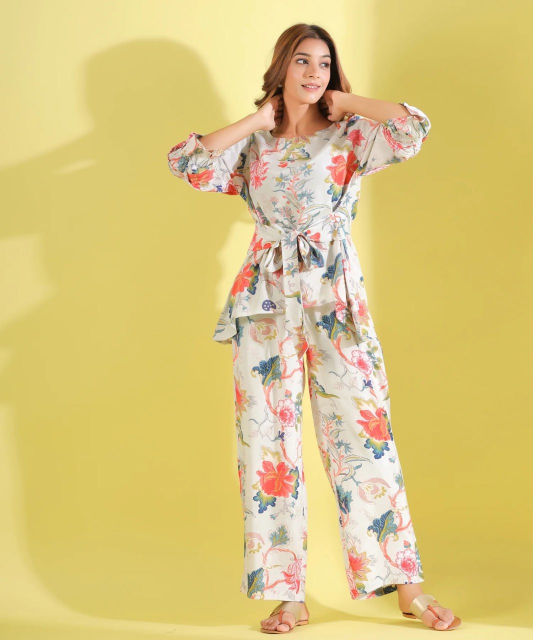 Floral Printed Readymade Off White Co-Ord Set - thevendorvilla