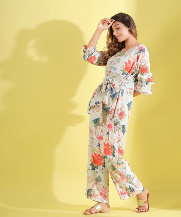 Floral Printed Readymade Off White Co-Ord Set - thevendorvilla