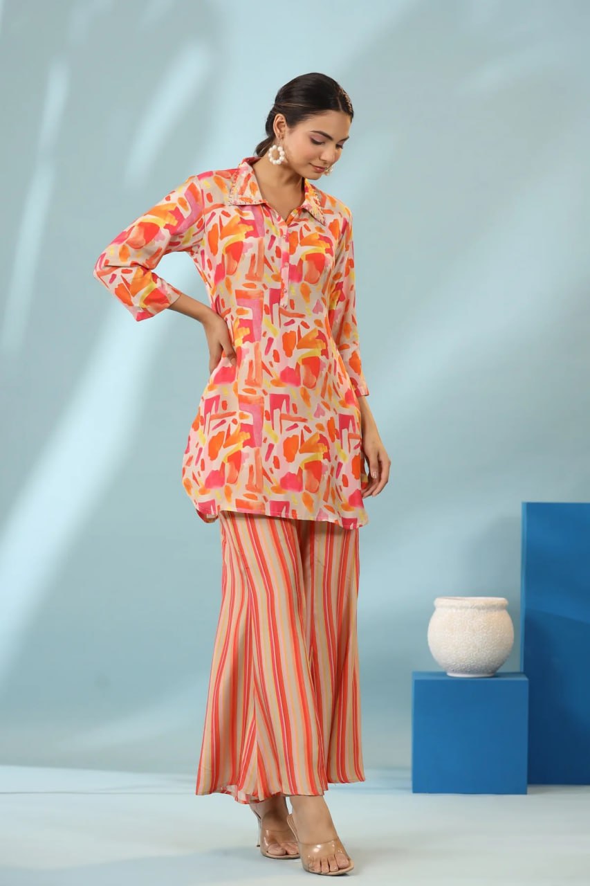 Vibrant Felicity On Cotton Bland Silk Co-Ord Set - thevendorvilla
