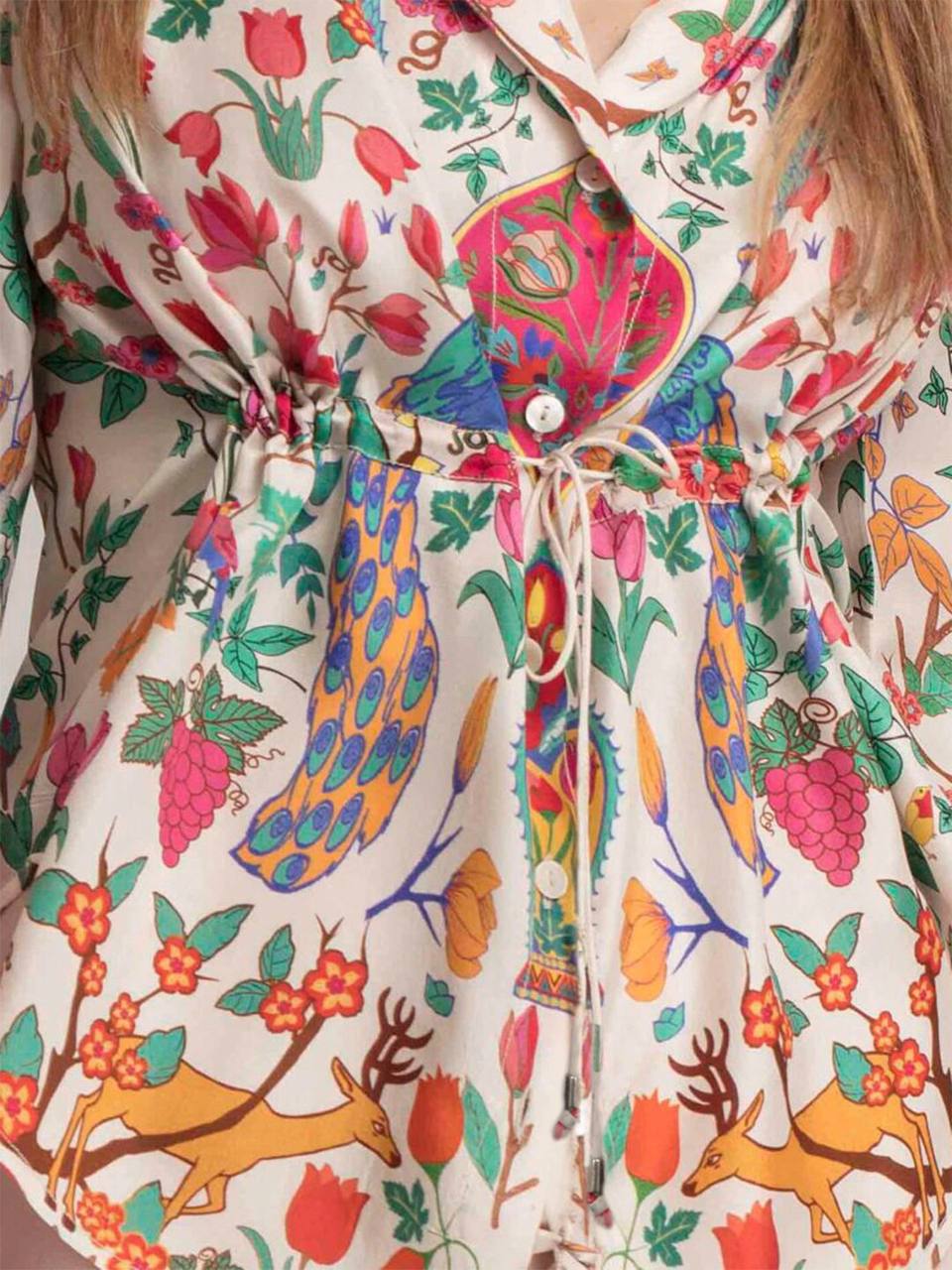 Peacock Cinched Floral Print Shirt - thevendorvilla