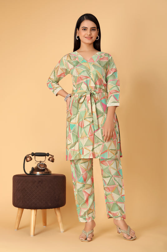 The Vendorvilla Chanderi Green Color Foil Print Co-Ord Set for Women - thevendorvilla