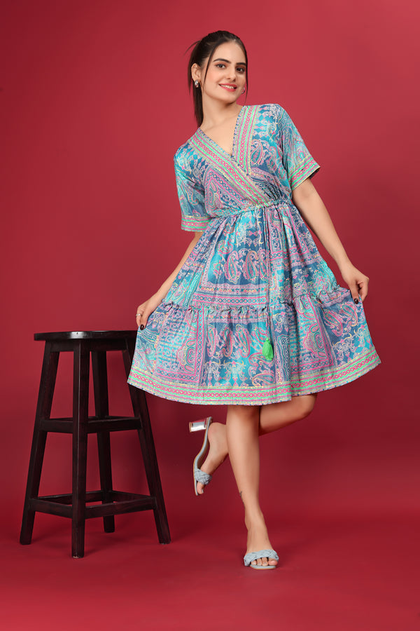 Multi Color Abstract Print Ruffled Short Dress