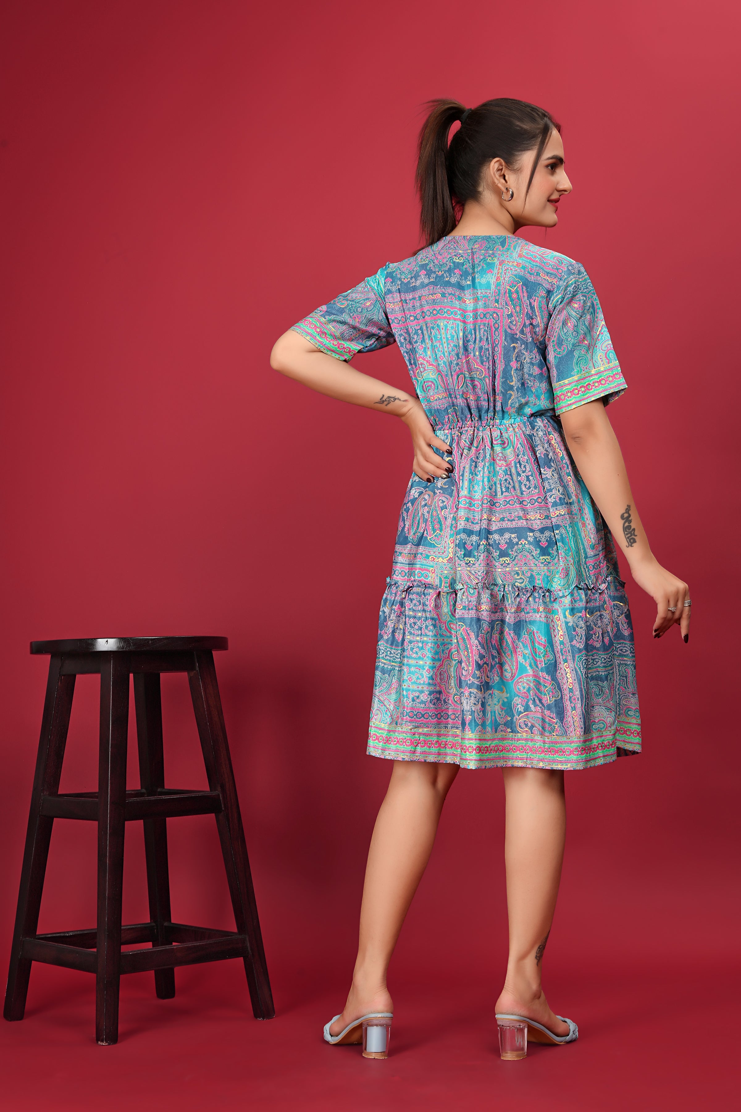 Multi Color Abstract Print Ruffled Short Dress