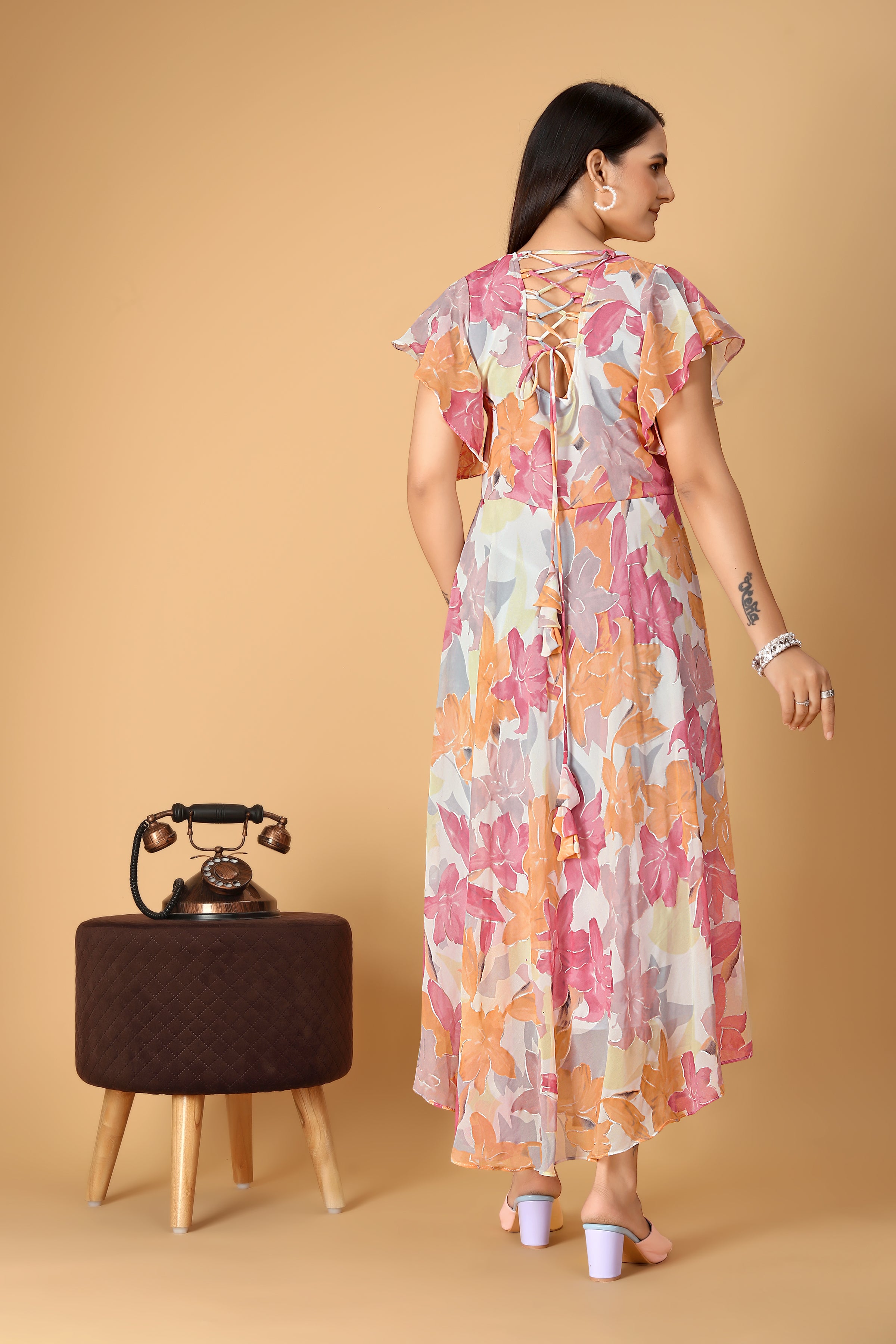 The Vendorvilla Printed Georgette Fancy Calf Length Dress For Women