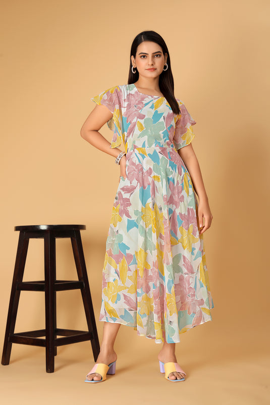 The Vendorvilla Printed Georgette Fancy Calf Length Dress For Women - thevendorvilla