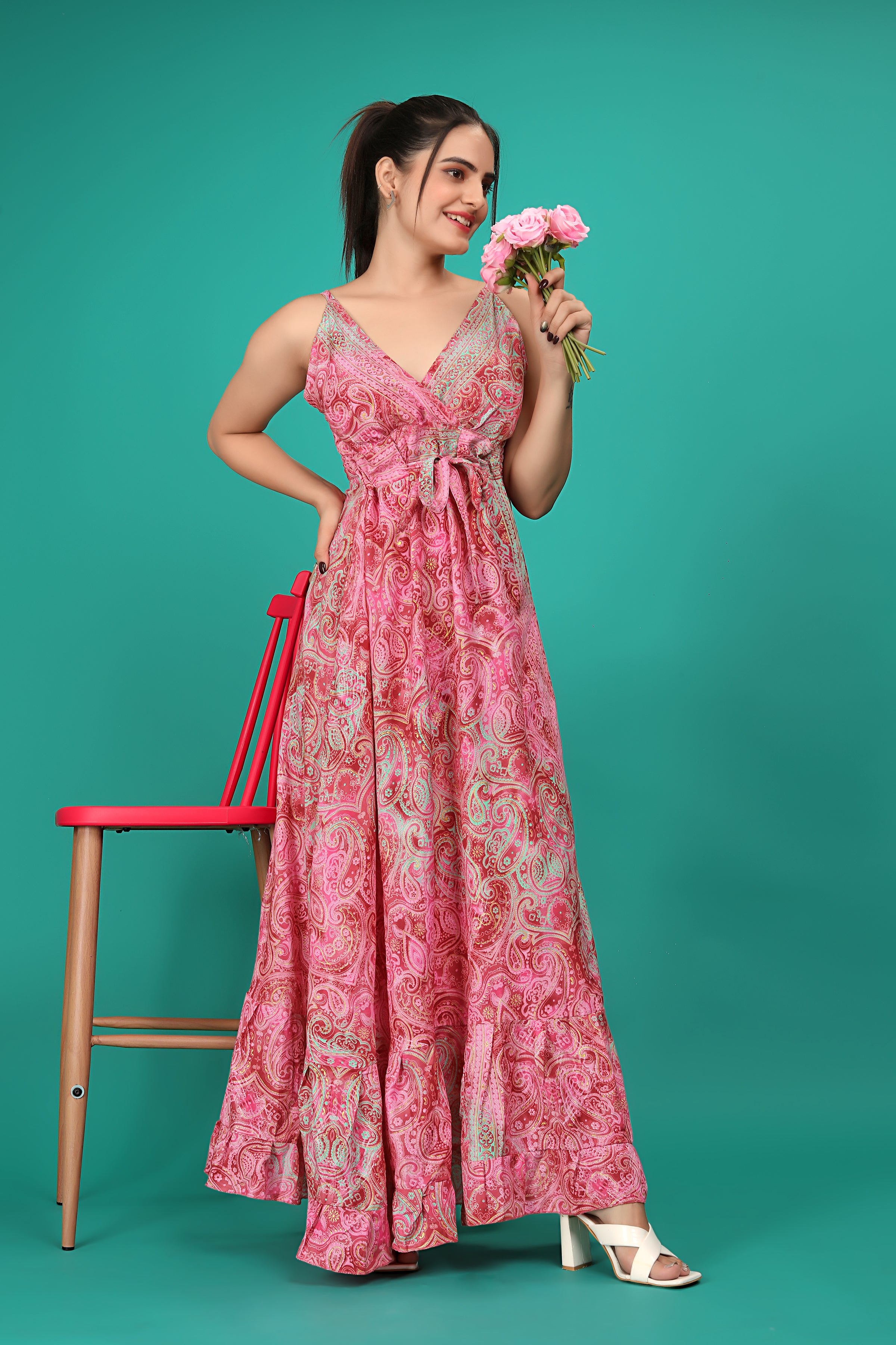 Pink Color Abstract Print Ruffled Long Dress