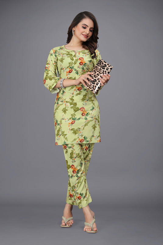 The Vendorvilla Chanderi Green Color Floral Foil Print Co-Ord Set for Women - thevendorvilla