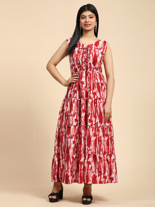 Tie Dyed Rayon Fancy Calf Length A-Line Sleeveless Dress For Women