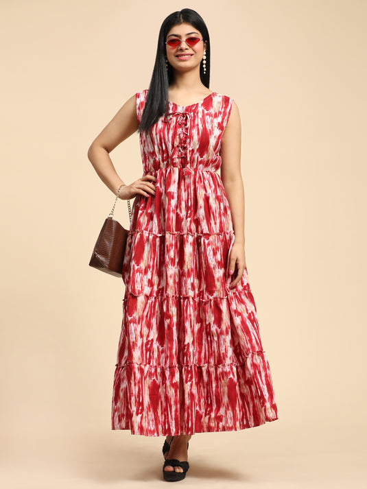 Tie Dyed Rayon Fancy Calf Length A-Line Sleeveless Dress For Women