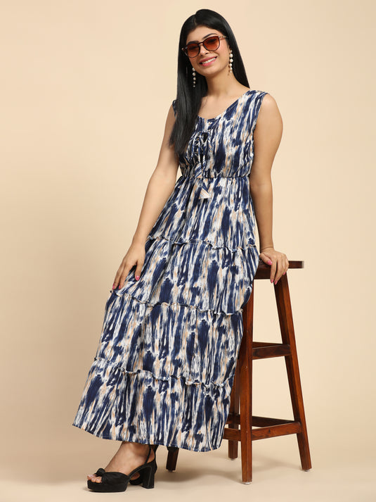 Tie Dyed Rayon Fancy Calf Length A-Line Sleeveless Dress For Women