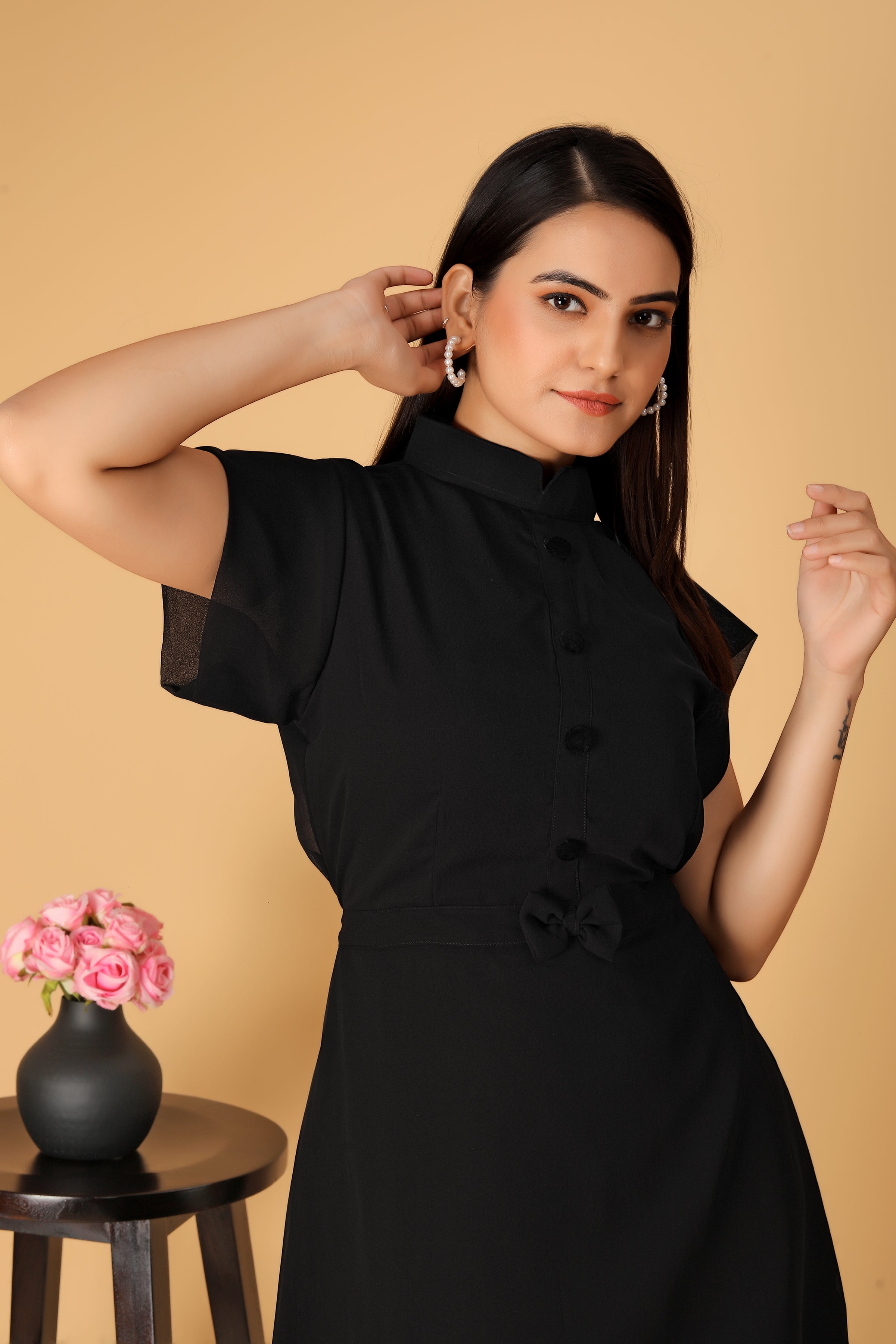 The Vendor Villa Printed Mandarin Collor Georgette Fancy Black Color Full Length Dress For Women