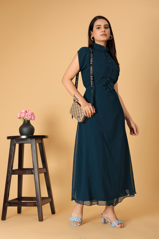 The Vendor Villa Printed Mandarin Collor Georgette Fancy Teal Green Color Full Length Dress For Women - thevendorvilla