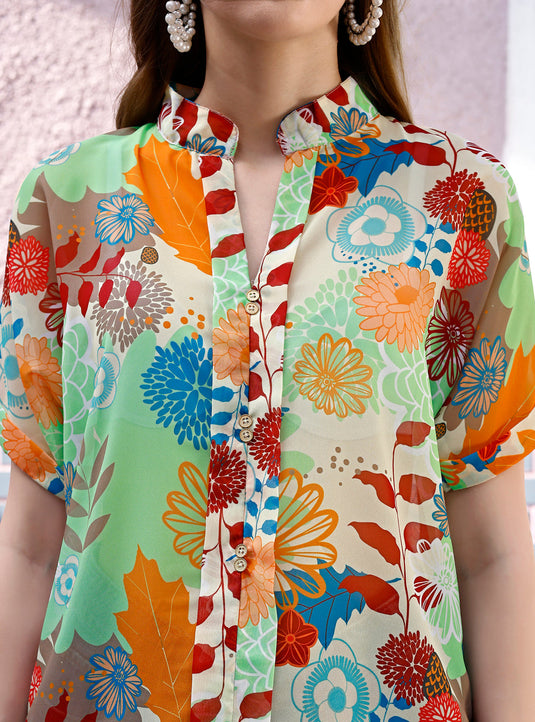 Heavy Georgette Mandarin Collar Digital Printed Shirt