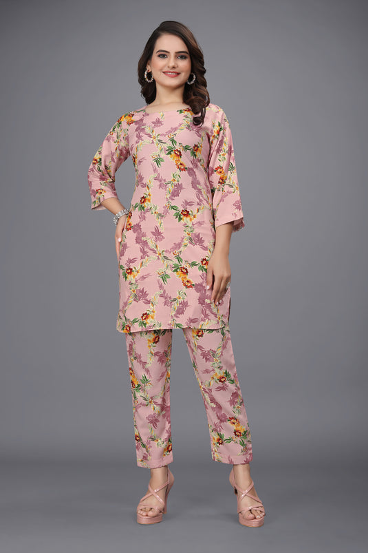 The Vendorvilla Chanderi Pink Color Floral Foil Print Co-Ord Set for Women - thevendorvilla