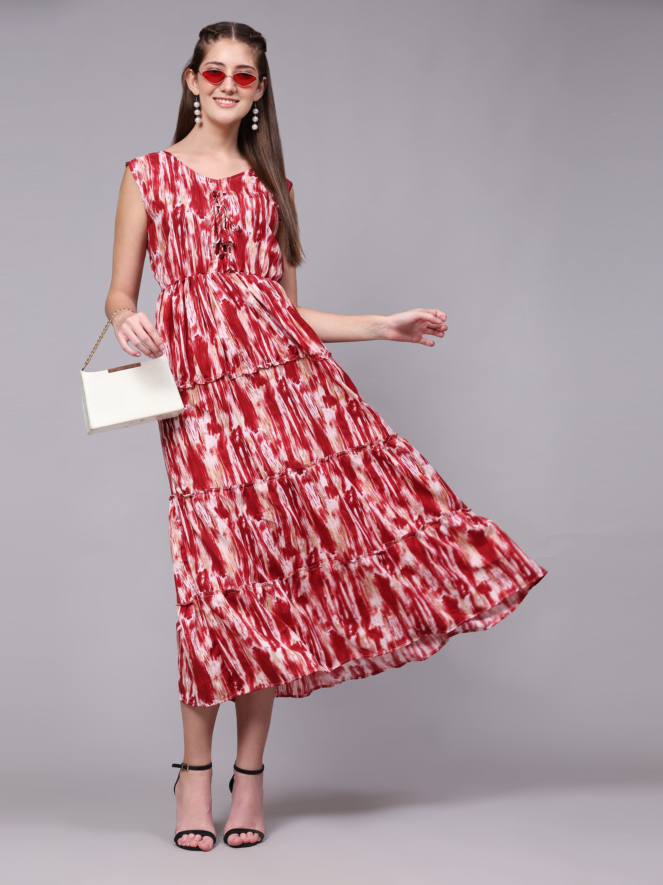 Tie Dyed Rayon Fancy Calf Length A-Line Sleeveless Dress For Women