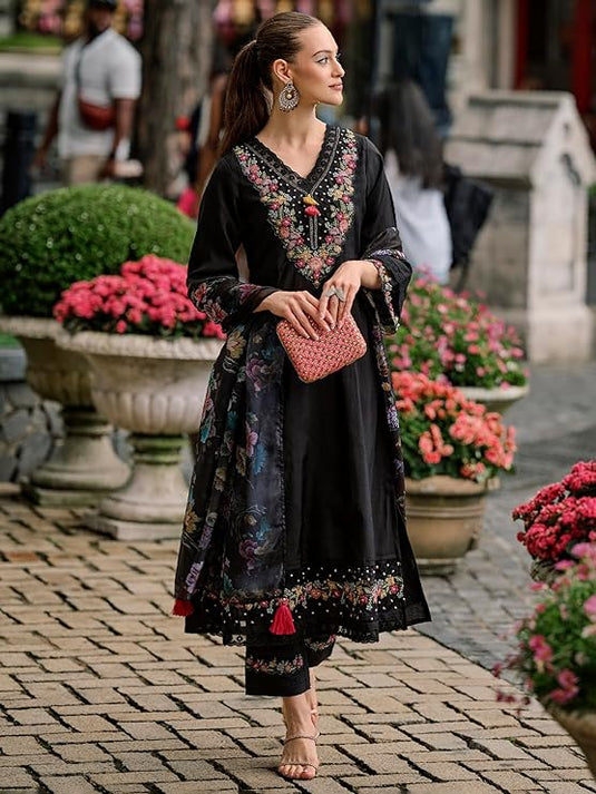 Black Color 3 Piece Embroidered Salwar Suit Set