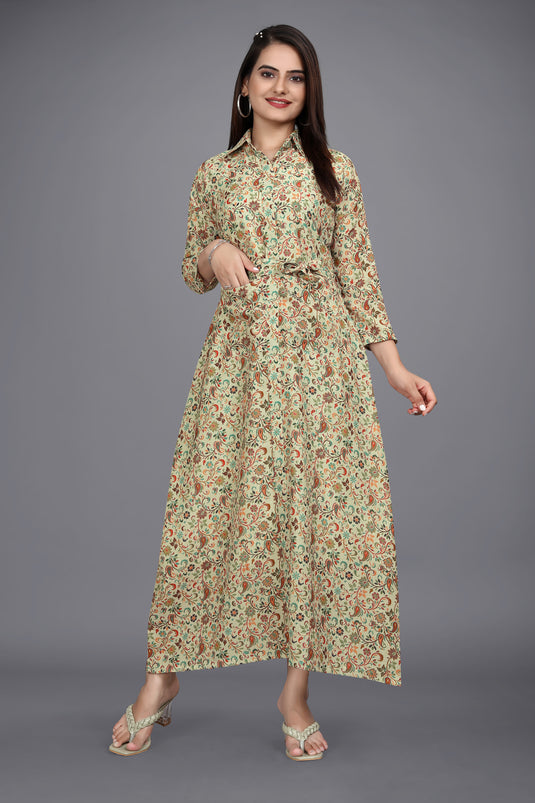 The Vendorvilla New Luxury Linen Long Calf Length Printed Kurti - thevendorvilla