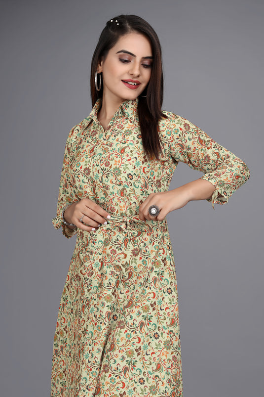 The Vendorvilla New Luxury Linen Long Calf Length Printed Kurti - thevendorvilla