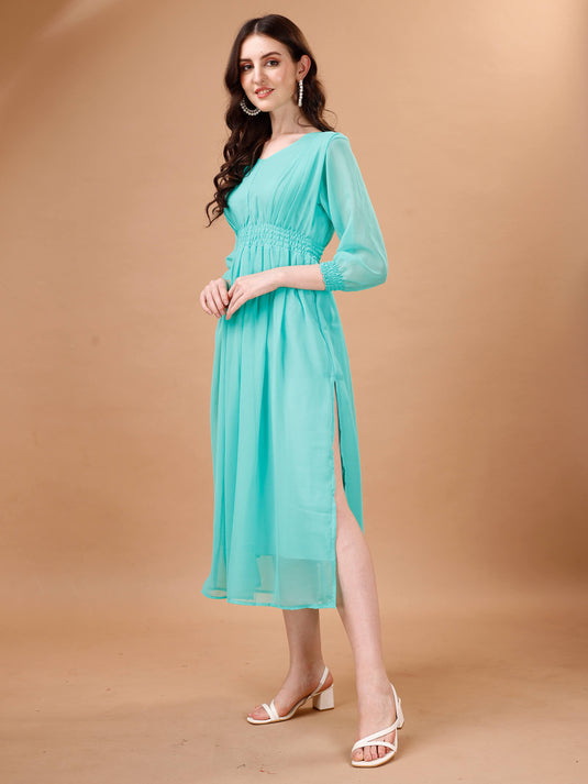 Chic Simplicity: Georgette Calf Length Dress with Elegant Side Slit - thevendorvilla