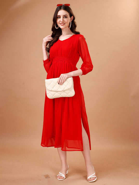 Chic Simplicity: Georgette Calf Length Dress with Elegant Side Slit - thevendorvilla