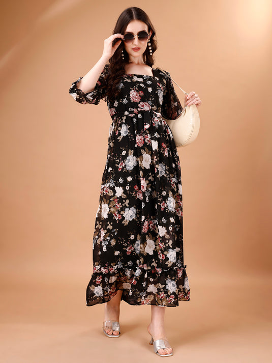 Georgette Floral Calf Length A-Line Dress For Women