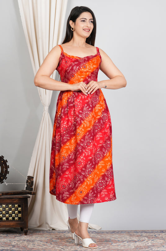 Rayon Foil Print Bandhani Sleeveless Kurti