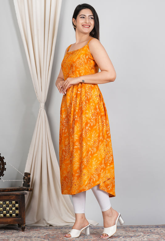 Rayon Foil Print Bandhani Sleeveless Kurti