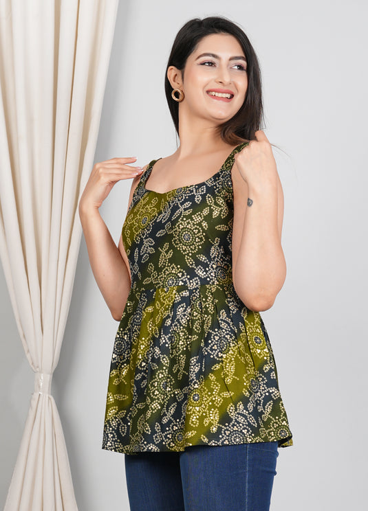 Rayon Foil Print Bandhani Sleeveless Short Kurti