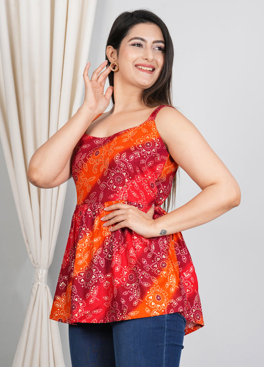 Rayon Foil Print Bandhani Sleeveless Short Kurti