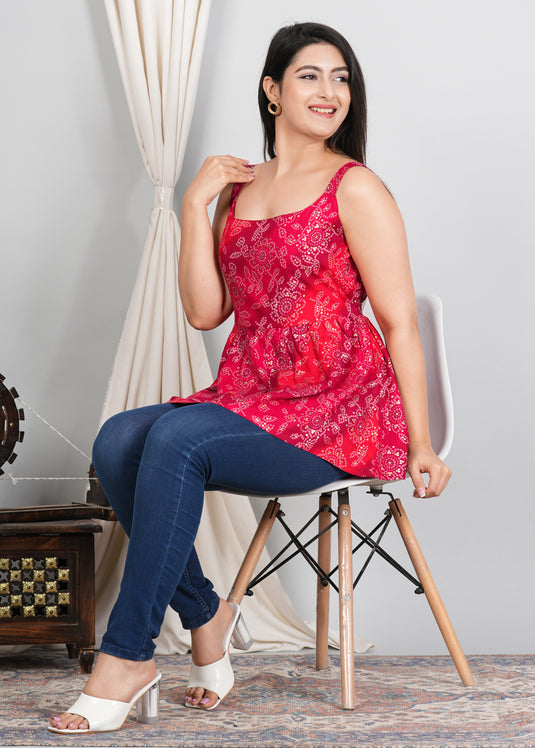 Rayon Foil Print Bandhani Sleeveless Short Kurti