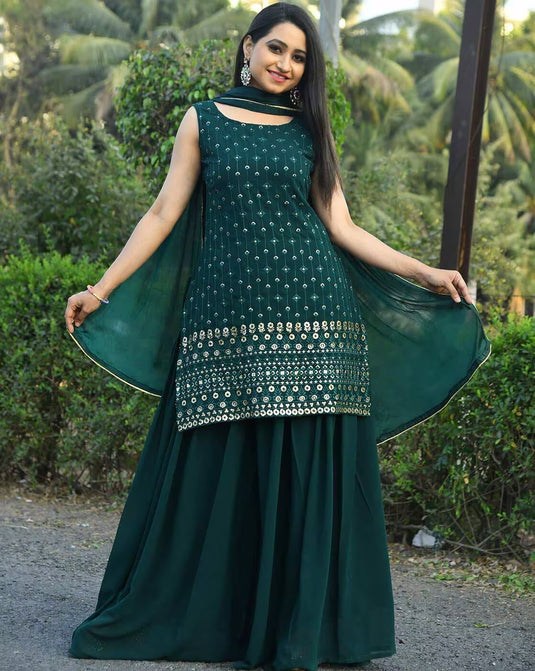 Green Color Embroidered Georgette Sleeveless Sharara 3 Piece Set