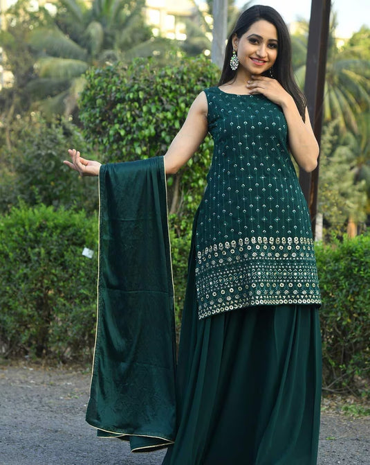 Green Color Embroidered Georgette Sleeveless Sharara 3 Piece Set