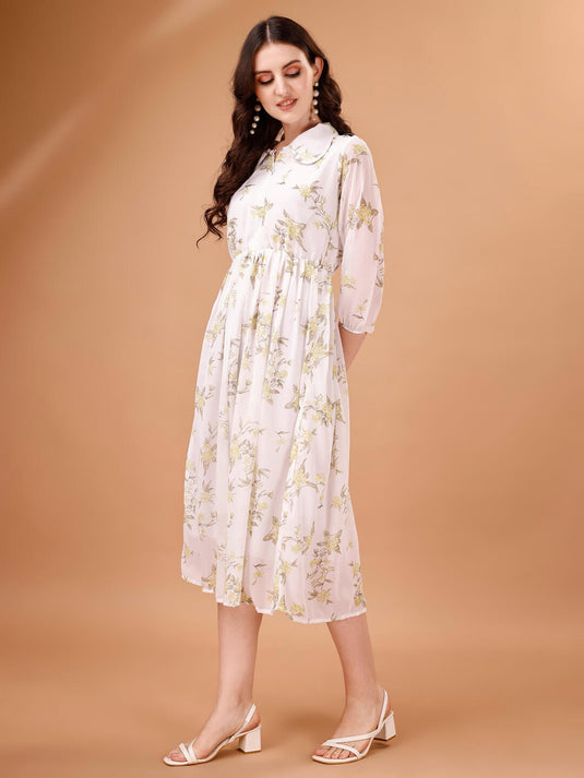 Printed Georgette Calf Length Floral Summer Dress - thevendorvilla