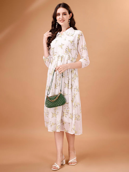 Printed Georgette Calf Length Floral Summer Dress - thevendorvilla