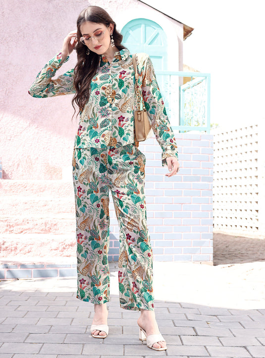 Botanical Printed Shirt Style Top With Pant Chinon Co-Ord Set