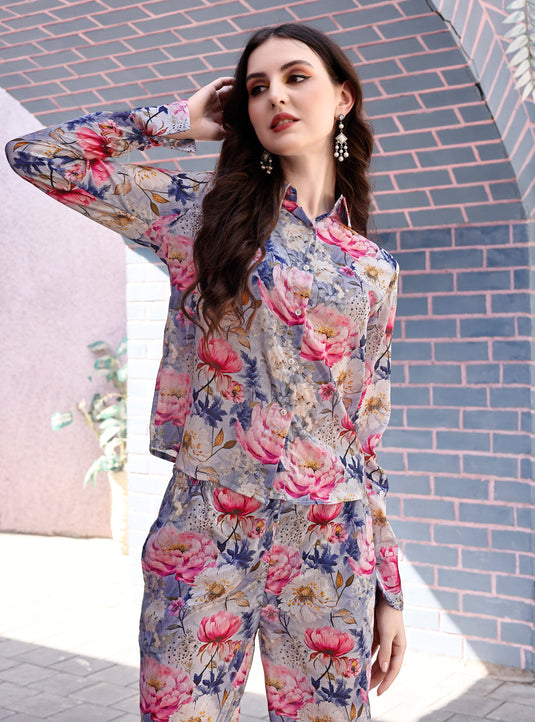 Floral Printed Shirt Style Top With Pant Chinon Co-Ord Set