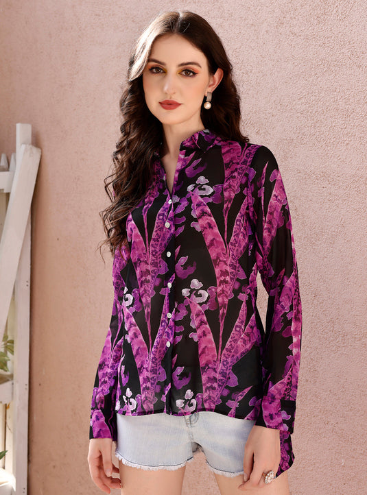 Printed Black Purple Georgette Shirt